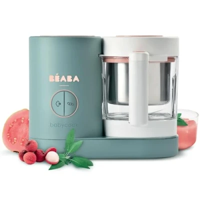 Image of Béaba Babycook Neo Baby Food Maker 4 in 1 : Processor, Blender and Cooker Soft Steamer Cooking Quick Homemade Glass Bowl Stainless Steel Tub Eucalyptus
