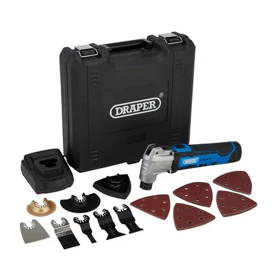 Image of Draper 12V Oscillating Multi Tool (33 Piece), 1 x Battery, 1.5Ah, Fast Charger