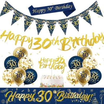 Image of 30th Birthday Decorations for Men Women, Blue Glod Balloons, Happy Banner with Cake Toppers Bunting Flags, Navy Gold Latex Balloons Party