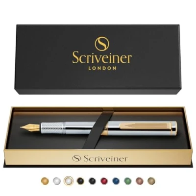 Image of Scriveiner Silver Chrome Fountain Pen (Medium), Award Winning Luxury Pen, Heavy Pocket with 24K Gold Finish, Schmidt Nib, Converter, Best EDC Writing Gift Set for Men &amp; Women, Nice Fancy
