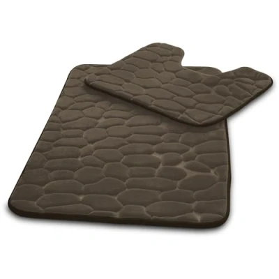 Image of VELVETIO Pebbles Stone Bath Mat &amp; Pedestal Set for Bathroom, Water Absorbent Non Slip 2 Piece Toilet Mats, Extra Soft Shower Bathtub Rug, (50x80, 50x40 cm), Natural