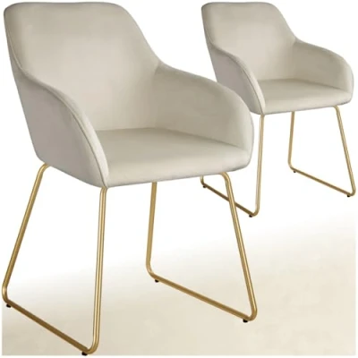Image of TecTake® Set of 2 Dining Chairs with Soft Velvet Look Covers &amp; Curved Steel Frames, Armchair Plush Padding Ergonomic Backrests, Ideal as Room, Kitchen Desk Chair Cream/Gold