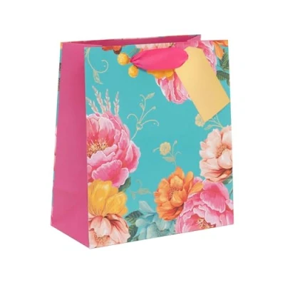 Image of Glick Medium Gift Bag, Cyan Peony Design, 225 x 200 100 mm, Luxury Recyclable Bag for Birthdays &amp; Celebrations