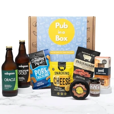 Image of Cheese and Beer Gift Hamper Set Includes 6 Snacks, 2 x Salopian Ale Beers Bottles Plus Cheese, Meat &amp; Savoury Birthday Hampers For Men Him (2 Beers)