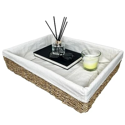 Image of Lined Seagrass Tray 40cm Extra Large Rectangle Woven Bathroom Kitchen Strorage Hamper