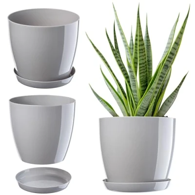 Image of KADAX Plant Pot, Plastic Flowerpot with matching Tray, Indoor Planter in several colours, Lightweight and Waterproof Pot for Office Living Room (⌀18cm, Grey)