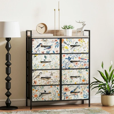 Image of HOMCOM Bedroom Chest of Drawers, Fabric Dresser with 8 Open Shelf and Steel Frame for Living Room, Hallway, White