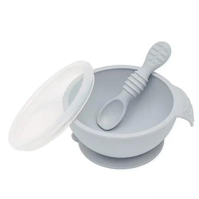 Image of Bumkins First Feeding Set Bowl With Suction Base, Lid, Spoon, Baby Led Weaning, BPA Free, Microwave/Dishwasher/Freezer Safe, 100% Silicone, Grey