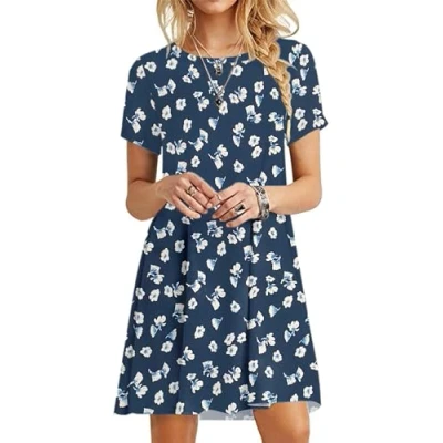 Image of MOLERANI Summer Dresses for Women UK Round Neck Casual T Shirt Dress Short Sleeve Ladies Beach Floral Navy L