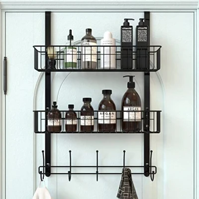 Image of Aimeaihe Over The Door Hooks, Hanger Towel Rack with 5 Coat Hooks &amp; 2 Mesh Basket, Organizer for Bathroom, Bedroom, Kitchen, Office, Easy Installation, Black