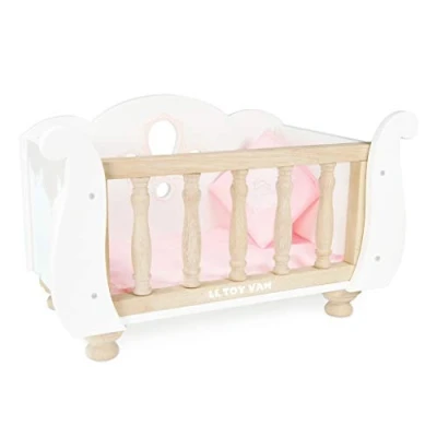 Image of Le Toy Van Educational Wooden Role Play Beautiful Sleigh Doll Cot &amp; Crib Girls Boys Pretend Pram Playset For Ages 3+