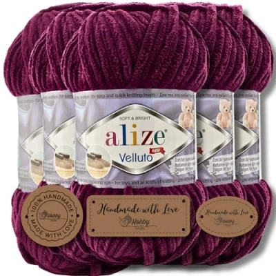 Image of Hobby Yarn Alize 5 x 100 g Velluto Turkish Wool Super Bulky Chenille Cuddly Soft Baby Hand Knitting for Crocheting XXL Ball Amigurumi (Plum 111)