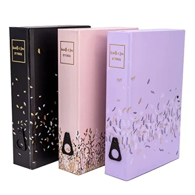 Image of Pukka Pad, Rochelle &amp; Jess A4 Paperboard Box Files for School and Office Document Organisation Pack of 3 Chic Designs Lilac, Pink, Black with Gold Foil Detail Contrasting Interior