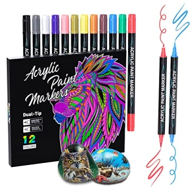 Image of Sonlaryin Acrylic Paint Pens, 12 Colours Dual Tip Markers for Rock Painting, Stone, Ceramic, Glass, Wood, Fabric, Canvas, Porcelain, Pens Christmas Easter Egg Pumpkin