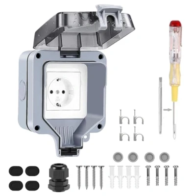 Image of 1 Way Outdoor Socket Socket, IP66 Weatherproof Wall 16 A Garden Surface Mounted Protective Contact with Hinged Lid for Wet Room Kitchen Garage