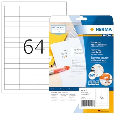 Image of HERMA Self Adhesive Correction Labels, 64 Labels per A4 Sheet, 25 Sheets, 48.3 x 16.9 mm, 1600 Blank Opaque Stickers, Sticky for Laser &amp; Inkjet Printer, White
