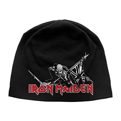 Image of Iron Maiden Beanie Hat Cap The Trooper Classic Logo Official Black Jersey Print One Size