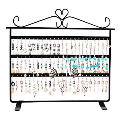 Image of Alucy Earrings Display Stand, Fashionable 72 Holes Metal Rack for Hanging Necklaces Bracelets Rings, Vintage Jewellery Hanger Holder(Black)
