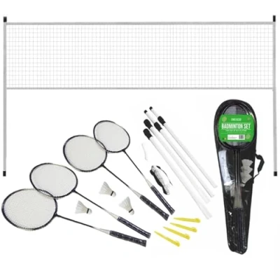 Image of Rexco Professional Badminton Set Premium Deluxe 4 Player Racket Shuttlecock Heavy Duty Frame Poles Net Bag Carry Case Portable Garden Outdoor Beach Sports Game
