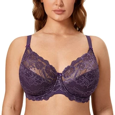 Image of Delimira Women&#039;s Full Coverage Non Foam Floral Lace Plus Size Underwired Bra Deep Plum 34H