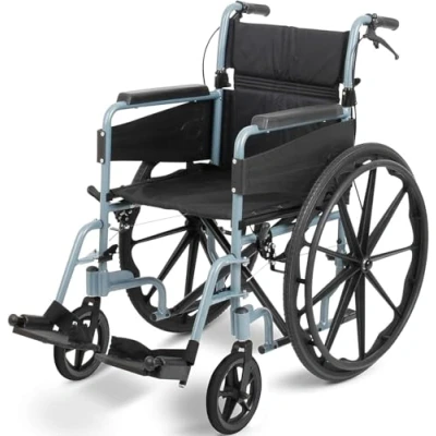 Image of DAYS Escape Lite Wheelchair, Self Propelled Lightweight Aluminium with Folding Frame, Mobility Aid, Comfy and Sturdy, Portable Transit Travel Chair, Removable Footrests, Narrow, Silver Blue