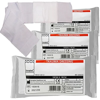 Image of Steroplast Trauma Wound Injury FFD Haemostatic Bleed Control Field Sterile Bandage Dressing 10cm x 18cm (3 Pack)