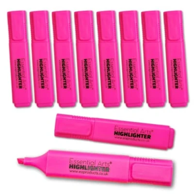 Image of Essential Arts Square Pink Highlighter Pen Pack of 10 Chisel Tip Fluorescent Highlight Marker Pens for Office, School Art and Business