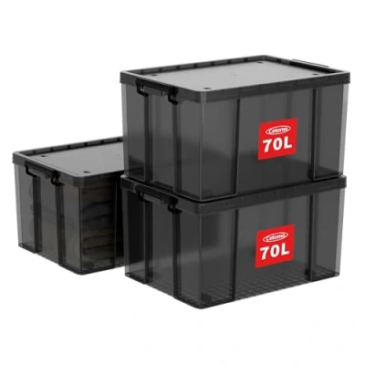 Image of Cetomo 70L*3 Storage Boxes, Stackable Box with Lids, Heavy Duty Lidded Container Wheels, Reinforced Corners, Vertical Sides and Clip Closure, Durable, Plastic, Clear Black, 70L 3Pack