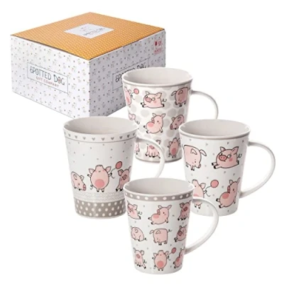 Image of SPOTTED DOG Gift COMPANY Mug Set of 4 Animal Coffee Mugs with Cute Pig Themed Design, Ceramic Porcelain China Tea Cups, Gifts for Lovers Women Men Kids Box, 360ml