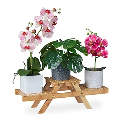 Image of Relaxdays Plant Stand, 3 Shelves, Flower Rack, Indoor, H x W D: 17 51.5 15 cm, Bamboo, Natural