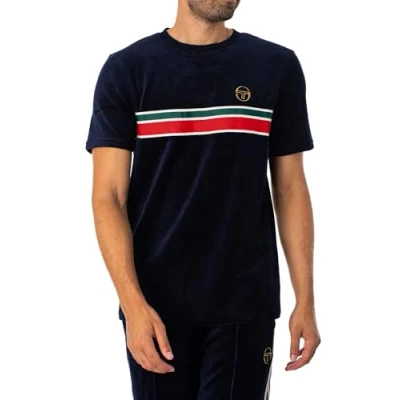Image of Sergio Tacchini Ayme Velour T Shirt, Maritime Blue, Striped (UK, Alpha, L, Regular, Blue)