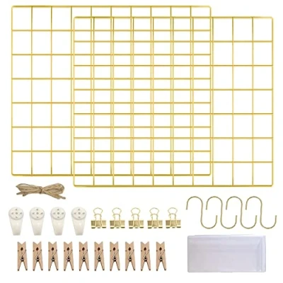 Image of LOYONAL Gold Grid Panel Wall Display Wire Decoration Copper Notice Board 2 Pack Photo Memo Board， Metal Mesh Rack