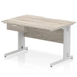 Image of Impulse 1200 x 800mm Scalloped Edge Office Desk Grey Oak Top Silver Cable Managed Leg Workstation 1 Drawer Fixed Pedestal