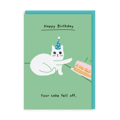 Image of Funny Birthday Card Naughty Cat Cake Cute Illustrated Greeting