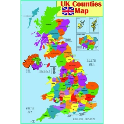 Image of laminated Educational wall Poster UK counties map GB Great Britain