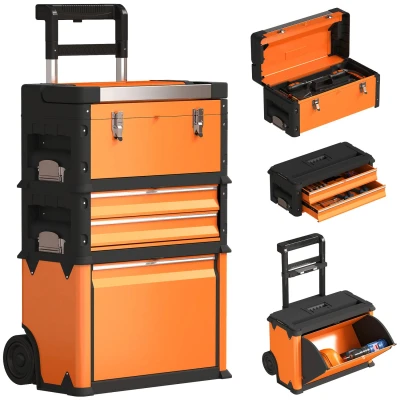 Image of HOMCOM 3 in 1 Rolling Tool Box, Stackable, Modular Powder Coated Steel Toolbox with Tray, Handles, Latches, Wheels, Heavy Duty Storage System for Workshop, Garage, 520mm x 320mm 720mm, Orange