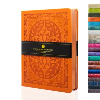Image of VICTORIA&#039;S JOURNALS Leatherette Vintage Journal Hard Cover Lined Notebook Old Looking Travel Diary, A5 Size 5.7&#039;&#039; x 8.1&#039;&#039; (Orange, A5),(ONB0040)
