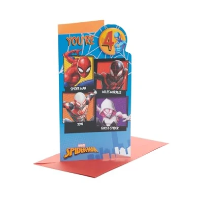 Image of UK Greetings Marvel 4th Birthday Card For Him/Boy With Envelope Badge Design Spider Man, 121mm x 229mm
