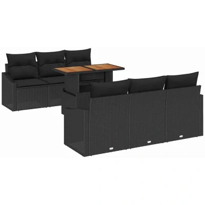 Image of vidaXL 7 Piece Garden Sofa Set with Cushions Black Poly Rattan