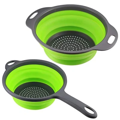 Image of 2 Pcs Collapsible Colander with Handle, Colanders &amp; Food Strainers, Silicone Drain Basket Vegetable Fruit Basket, Kitchen Strainer for Draining Pasta, Fruits,