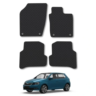 Image of Rubber Car Mats Compatible with Skoda Fabia (2015 2021) Tailored Fit Floor Set Accessory Black Custom 4 Pieces Clips Anti Slip Backing, Heavy Duty &amp; Waterproof