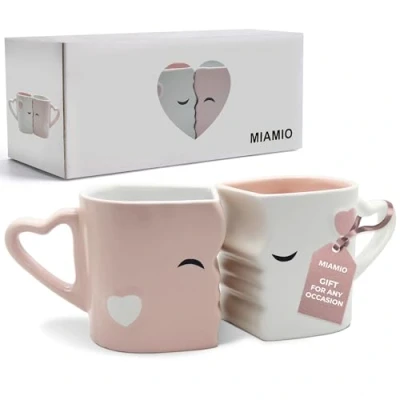 Image of MIAMIO Coffee Mugs/Kissing Mugs Gift Set for Couples/Weddings/Birthday/Anniversary, Ceramic 300ml (Pink)
