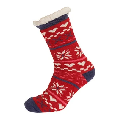 Image of i Smalls Co Zees Women&#039;s Fairisle Design Sherpa Lined Thermal Slipper Socks Red/Navy (4 7)