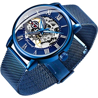 Image of Men&#039;s Skeleton Watch Classic Roman Numeral Steampunk Mechanical Hand Wind Mens Watches (Blue), blue, Watch,Mechanical