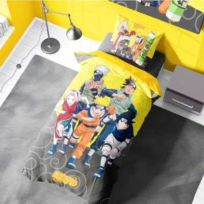 Image of Naruto Official Single Reversible Duvet Set 135 x 200 cm with Pillowcase Featuring, Kakashi, Sasuke, Sakura for Anime Fans, Machine Washable