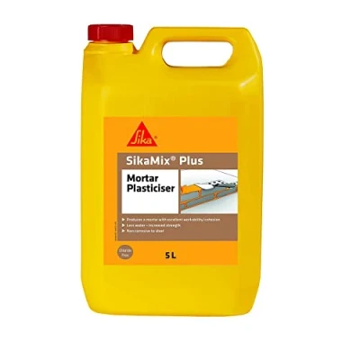 Image of Sika SikaMix Plus Chloride Free Mortar Plasticiser Admixture Improves Adhesion Reduces Cracking Ready To Use 5 Litre, Light Brown
