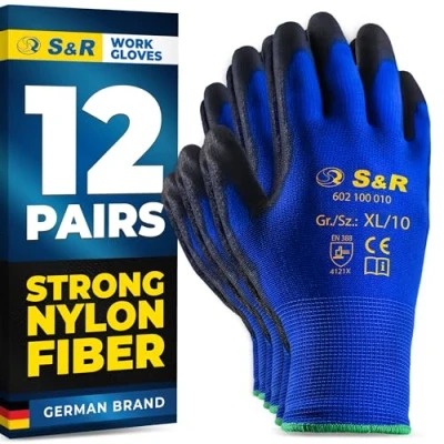 Image of S&amp;R Work Gloves 12 Pairs, Nylon with PU Coating, Size XL/10 Protective for Private &amp; Commercial Use