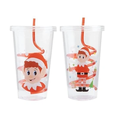 Image of PMS Elves Behaving Badly Christmas Drinking Cup with Straw Assorted Designs Reusable Plastic Xmas Festive Gift