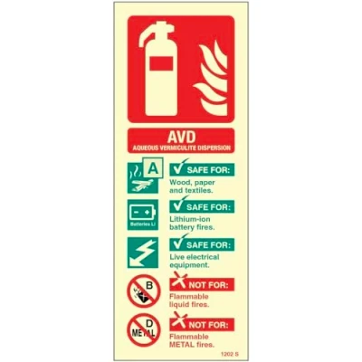 Image of AVD (lithium battery) extinguisher identification (rigid glow in the dark safety sign)