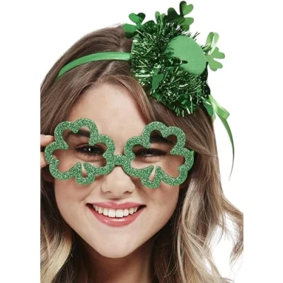 Image of Smiffys Paddy&#039;s Day Shamrock Glitter Party Specs, St Patricks&#039; Fancy Dress, Adult Dress Up Accessories